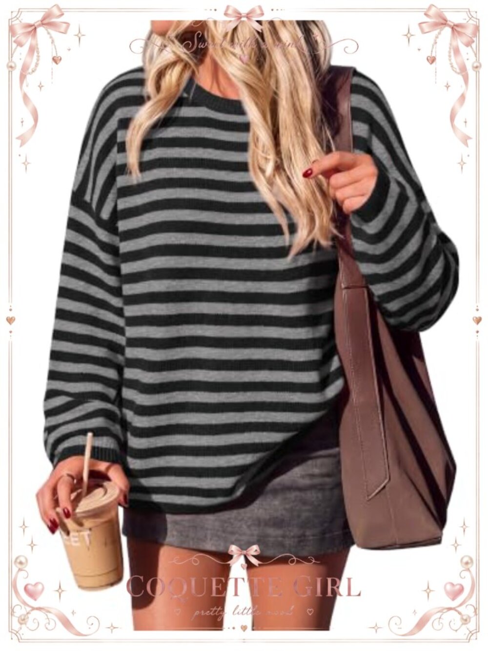 BTFBM Women's Oversized Loose Knit Striped Sweater Long Sleeve Crew Neck